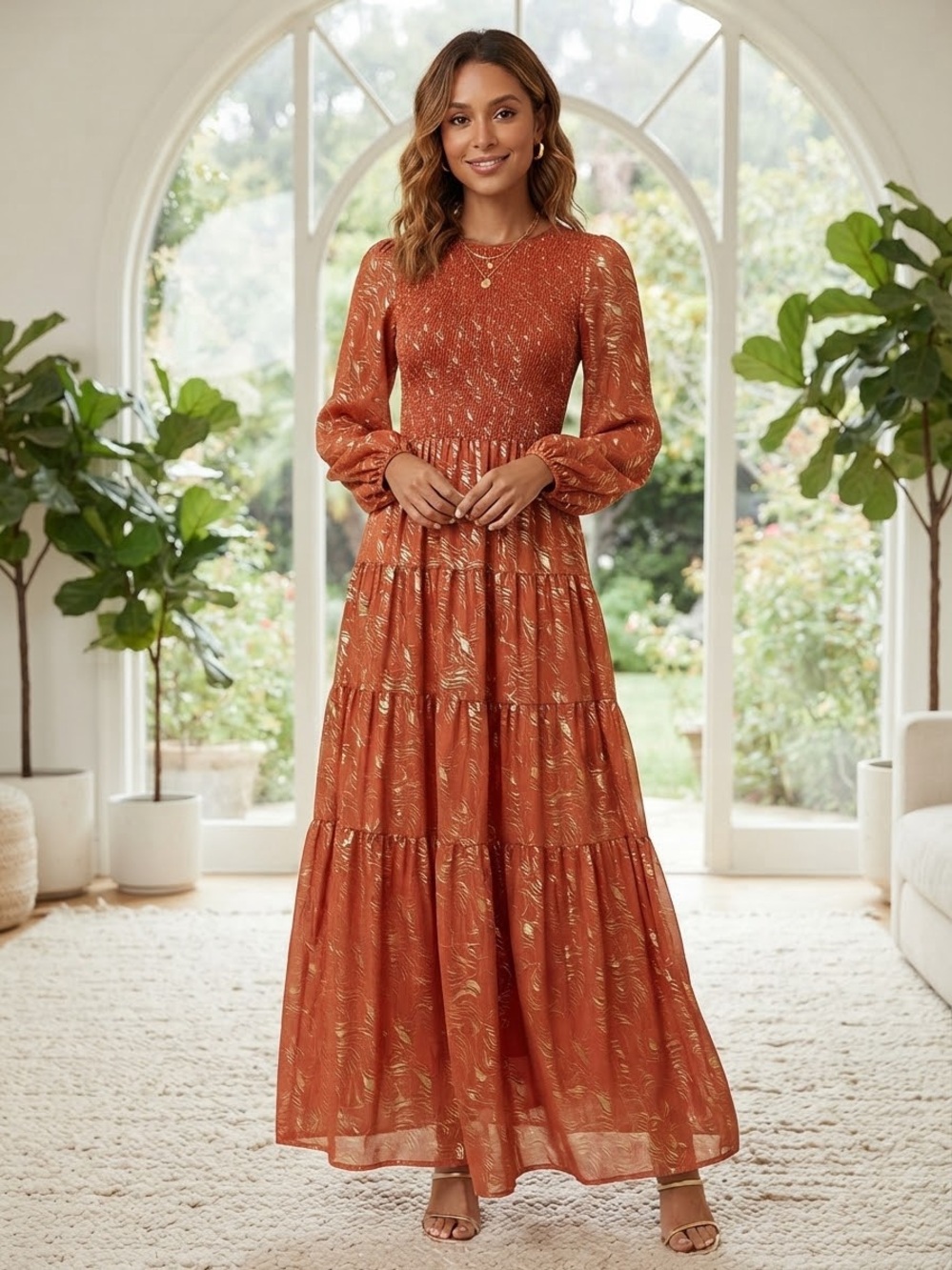 MELLODAY Rust Long Sleeve Smocked Tiered Maxi Dress